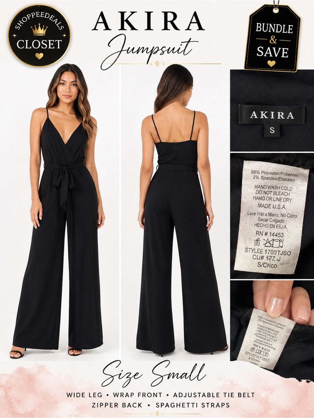 AKIRA Black Wide Leg Tie Waist Jumpsuit Spaghetti Strap Size Small Made in USA